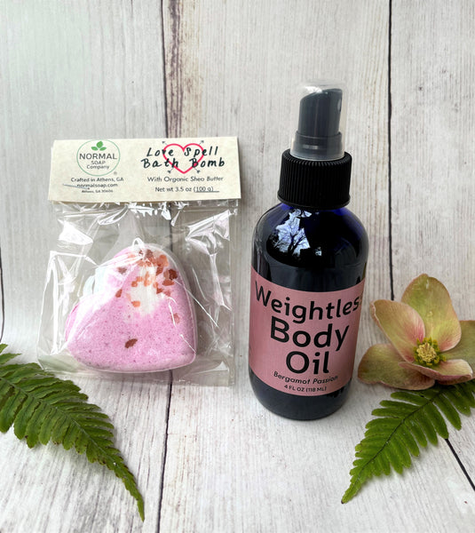 Weightless Body Oil in Bergamot Passion pairs well with our Love Spell Bath Bomb