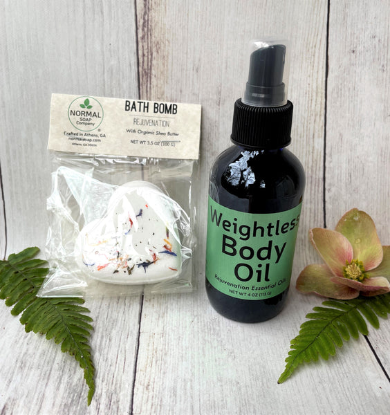Weightless Body Oil in Rejuvenation pairs perfectly with Rejuvenation Bath Bomb