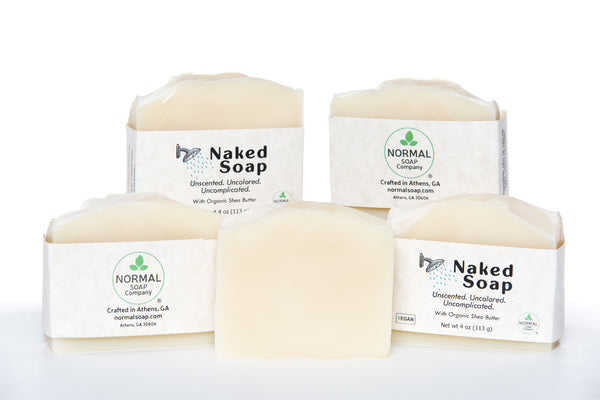 Naked Soap, Uncolored, Unscented, Uncomplicated. Features Organic Shea Butter and Organic Coconut Oil