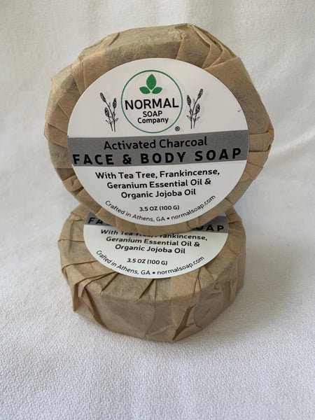 Activated Charcoal Face Soap featuring Tea Tree & Geranium Essential Oil; Camellia Seed and Organic Jojoba Oil